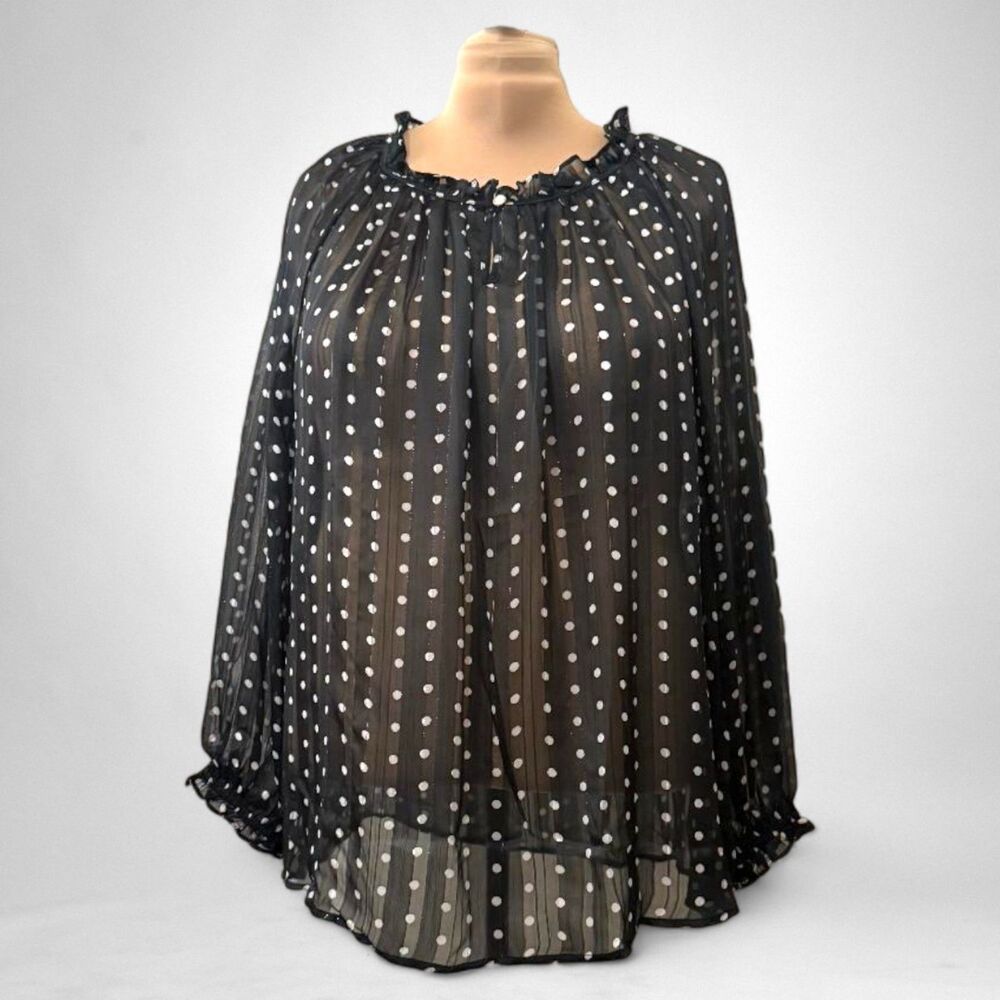 DAVI & DANI Sheer Black Polka Dot Long Sleeve Blouse, NWT! Size 2XL